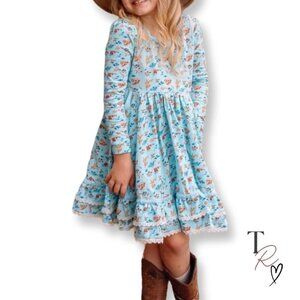 Makena Lane Laila Twirl Girls Baby Blue Floral Long Sleeve Dress Size 7